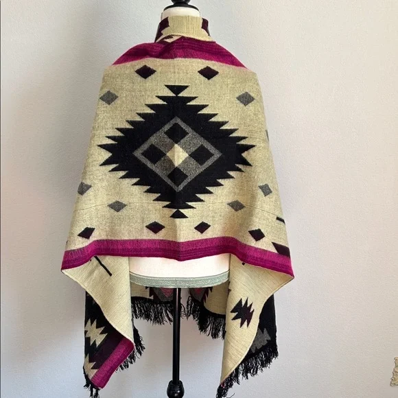 Southwestern Blanket Scarf Fuchsia & Black Southwestern Aztec Acrylic Shawl - Picture 2 of 5